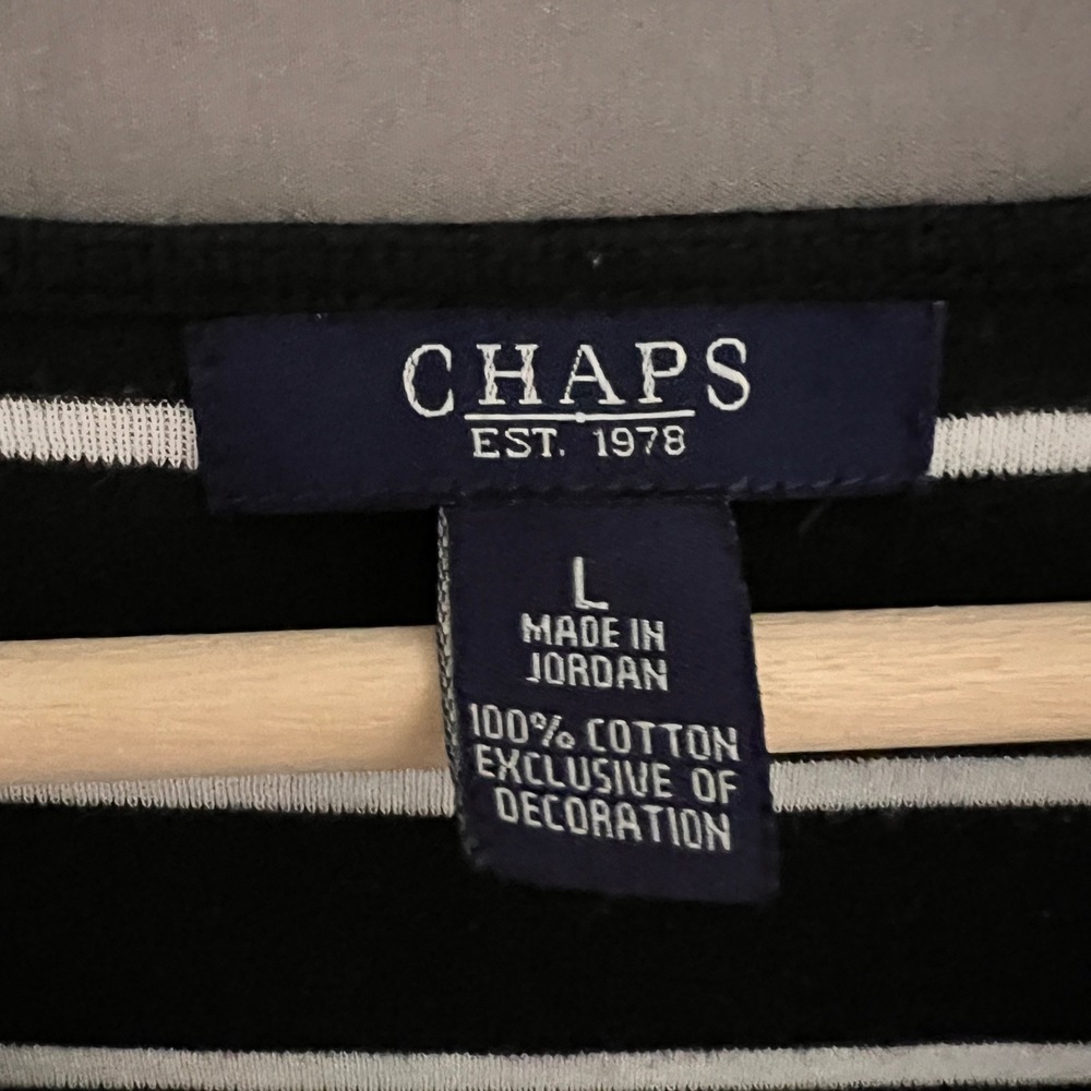 Chaps Striped Top Lace V-Neck 3/4 Sleeve Cotton Classic Tee Black White Size L - Picture 5 of 6